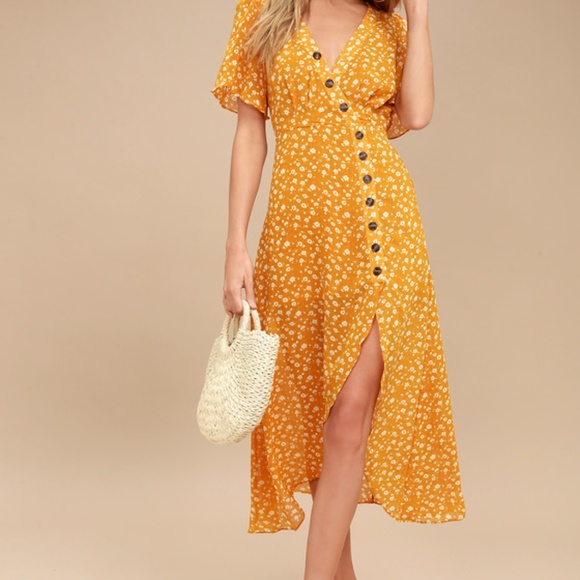 Lulus After-bloom Delight Golden Yellow Floral Print Midi Dress - Size S - Picture 2 of 9